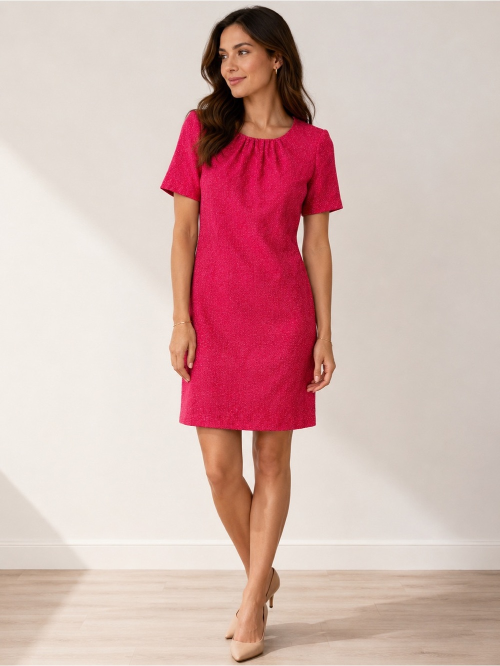St. John Fuchsia Textured Knit Wool Blend Shift Dress Size 4 Cocktail Luxury